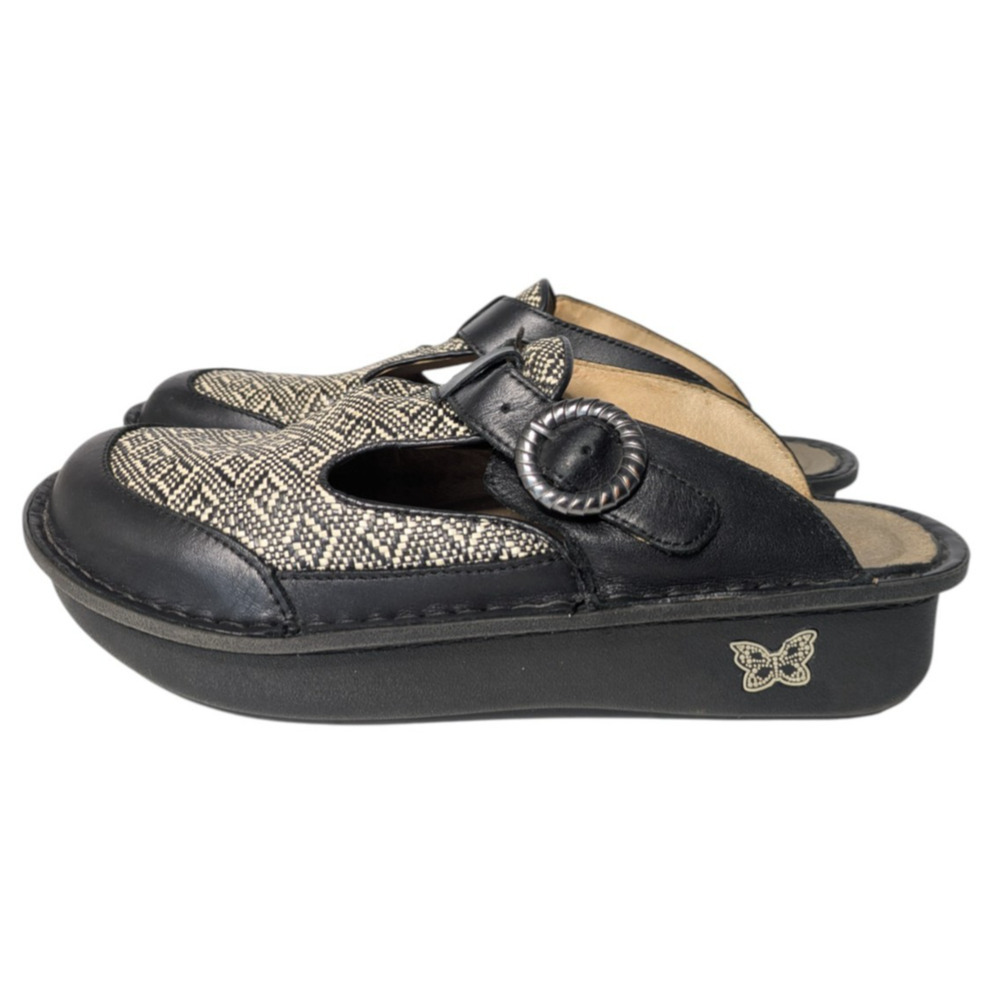 Alegria Classic Ikat Raffia Slide Sandal Sz 39 US 9 Slip On Black White ALG-818